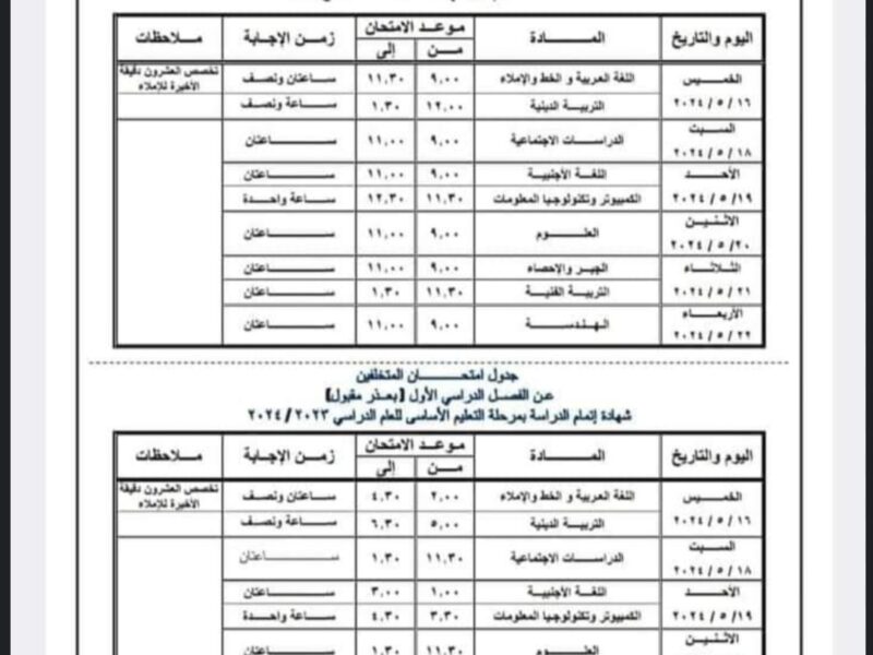 جدول امتحانات الصف الثالث الإعدادي الترم الثاني في محافظة القاهرة 2023_2024